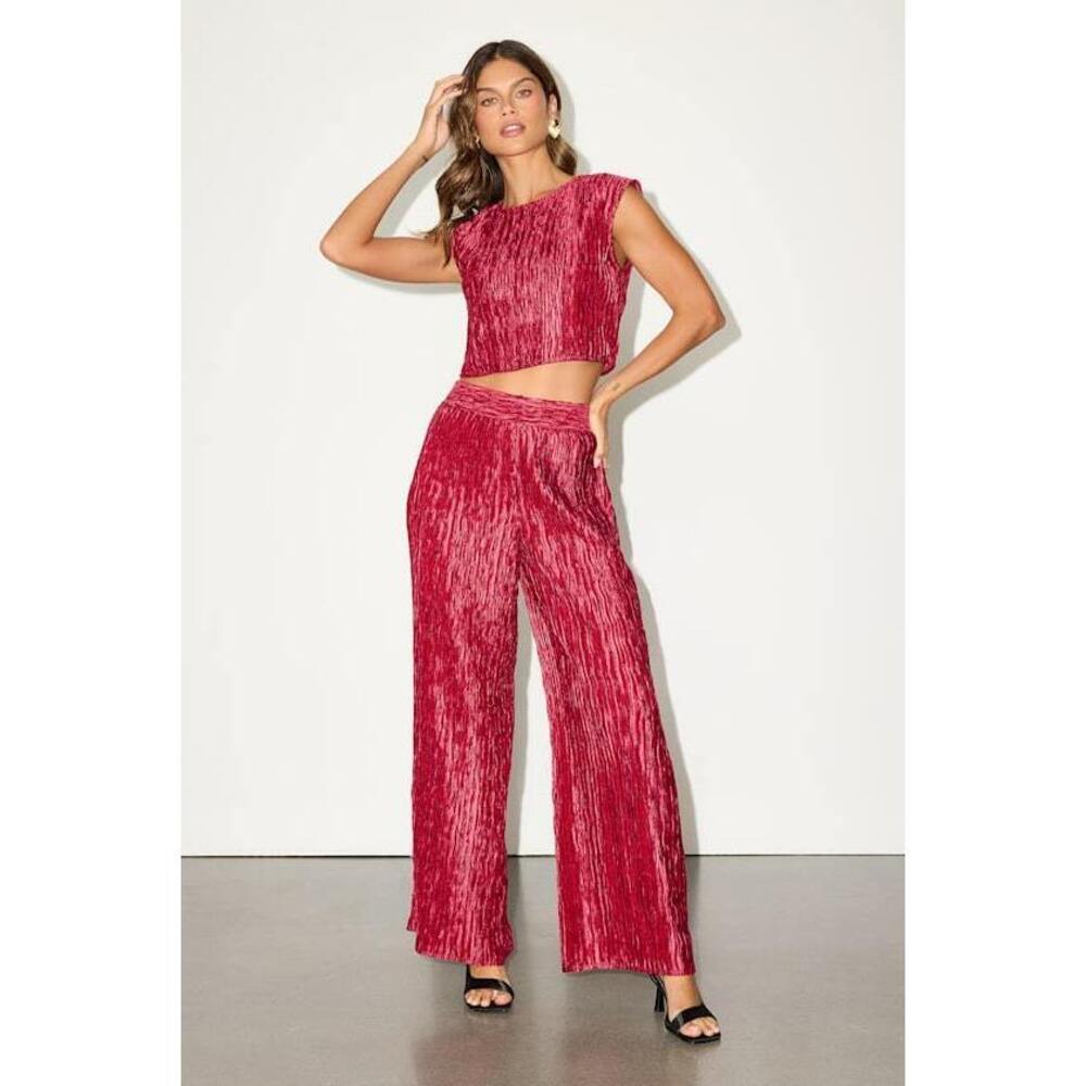 Lulus Yukara Wine Red Textured High-rise Wide-leg Pants - Size M